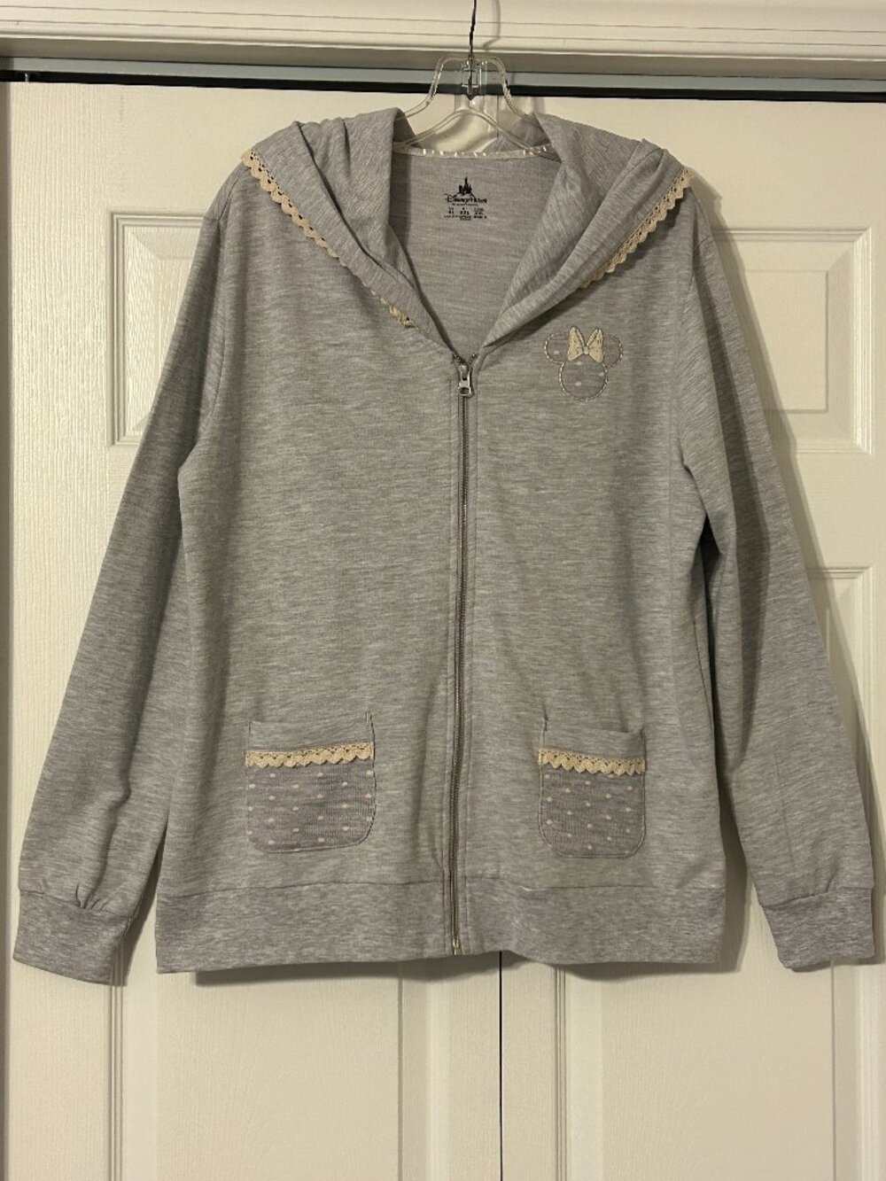 DISNEY PARKS Sz XL Minnie Mouse Gray Hood With Lace and Polka Dots Zipper Hoodie